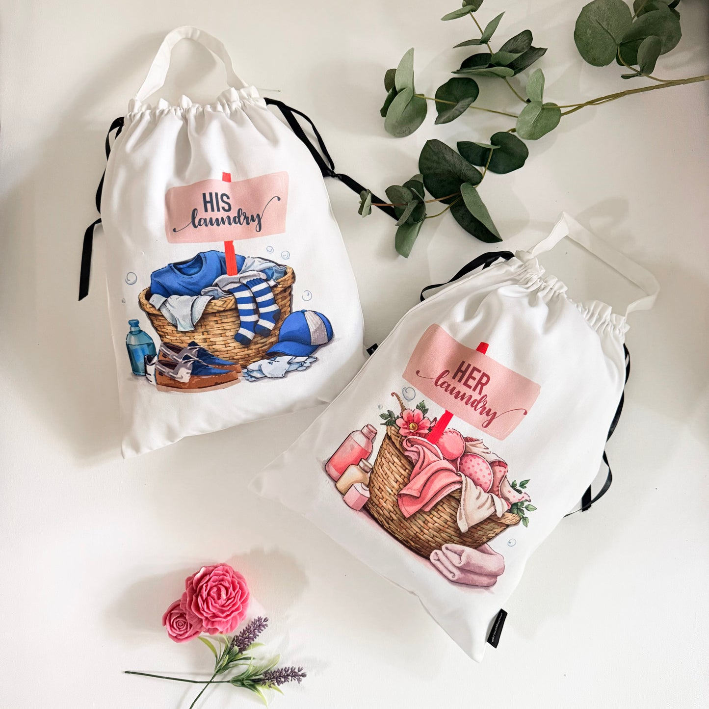 'His Laundry' and 'Her Laundry' bags with illustrations of laundry baskets.