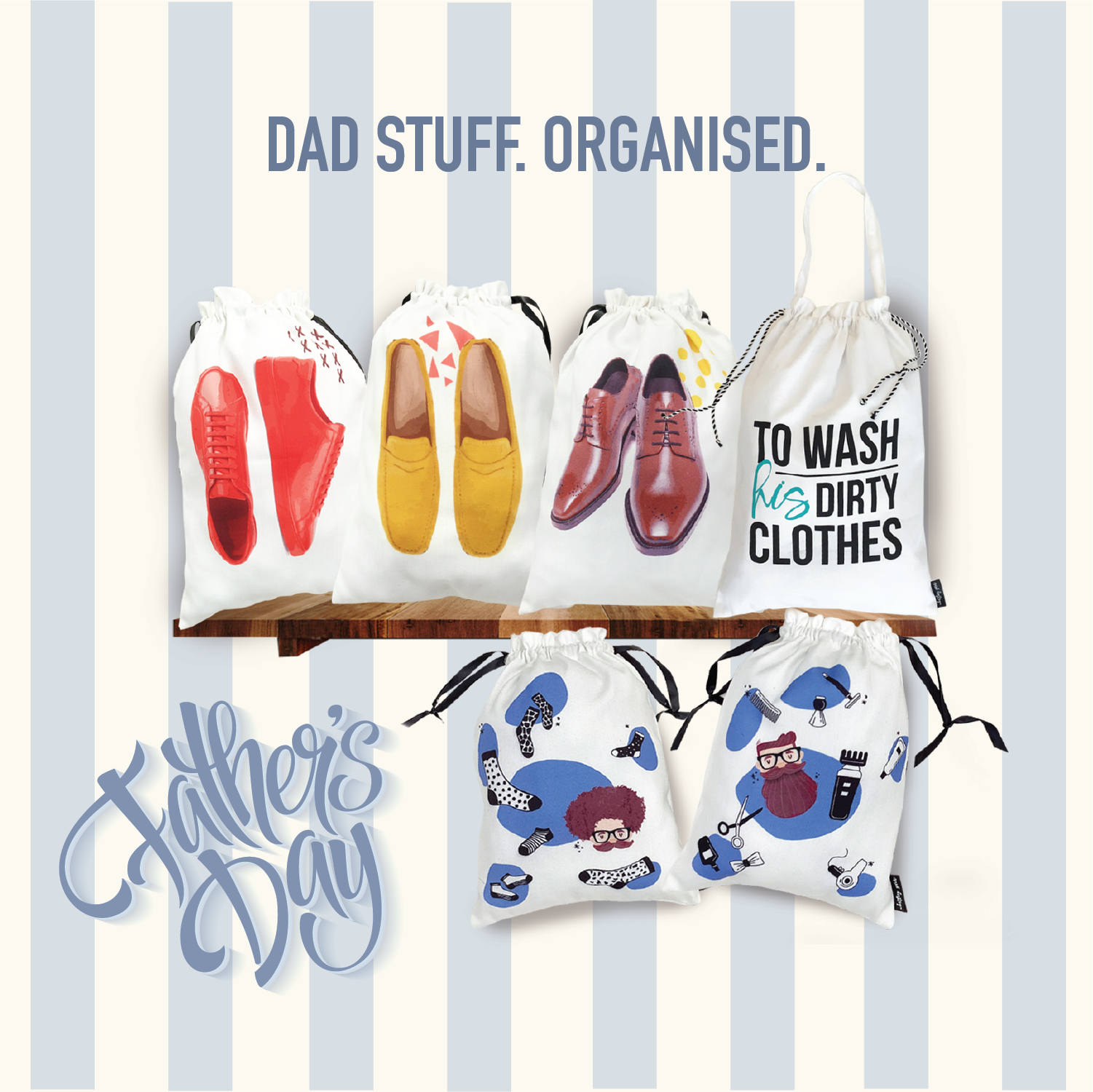 Set of drawstring shoe bags, featuring 'Dad Stuff. Organised.