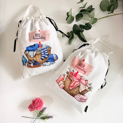 'His Laundry' and 'Her Laundry' bags with illustrations of laundry baskets.