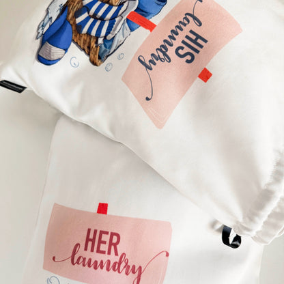 Two laundry bags for travel for a couple with colorful design of dirty clothes and a basket